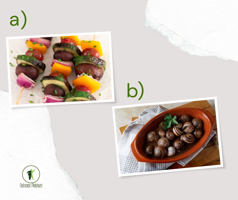 Brochetas de verduras y caracoles al ajillo